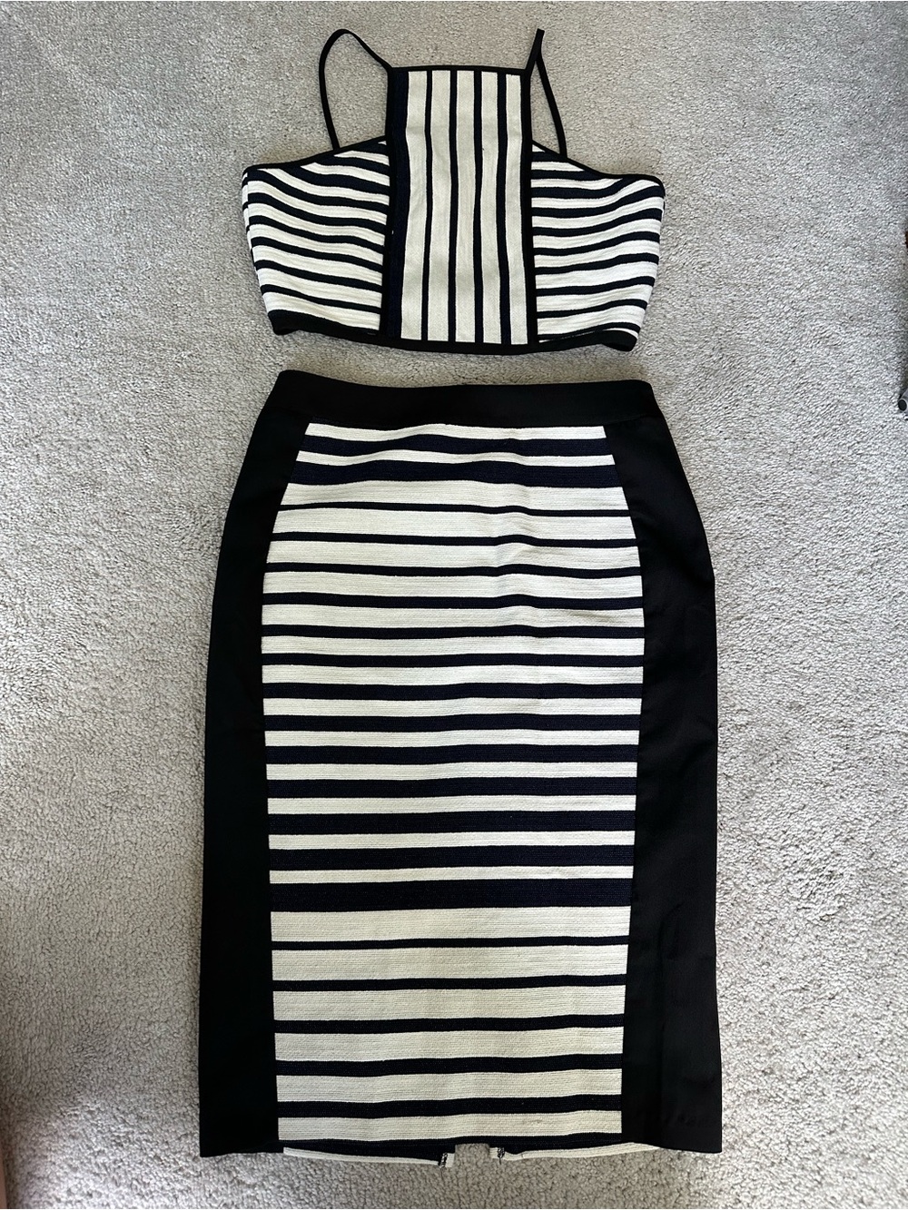 English Factory Black & Ivory Striped Two Piece Crop Top Midi Skirt Set S